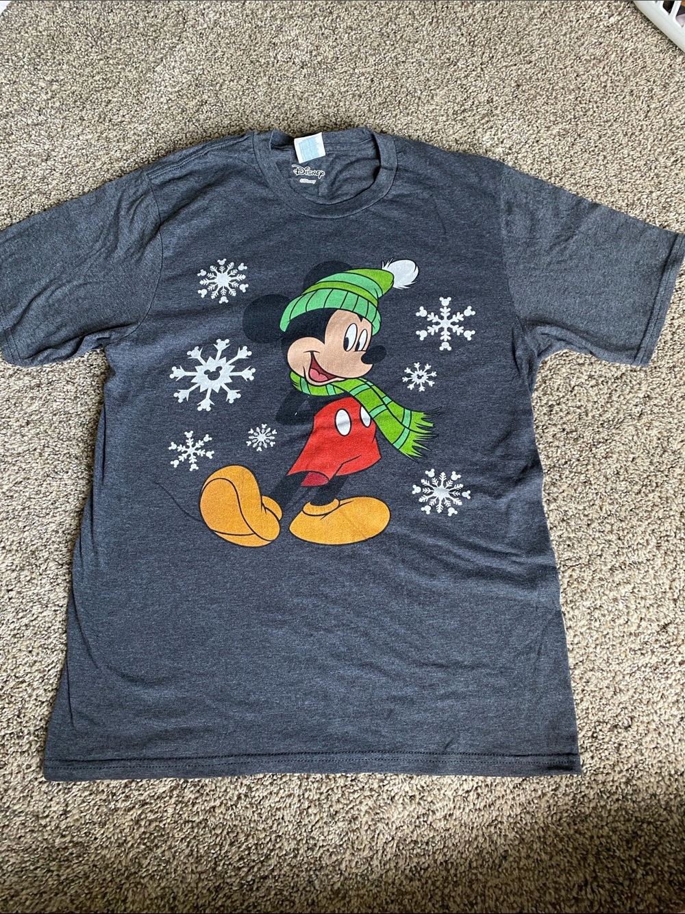 Disney Charcoal Mickey Mouse Winter Tee with Green, Red & Yellow